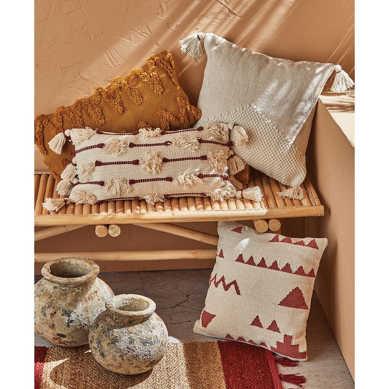 20"x20" Cottage Handwoven Cotton with Tassels Accent Decorative Throw Pillow Poly Filled Removable Insert Square able White