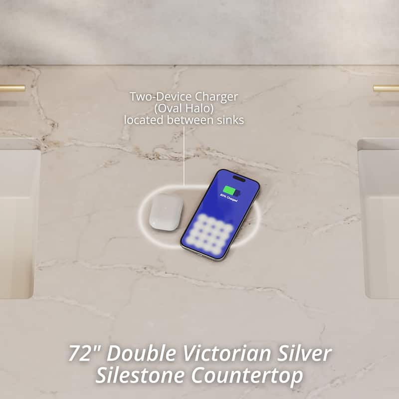 Brookfield 72" Double Vanity, Pecan w/FreePower Wireless Charger - Victorian Silver