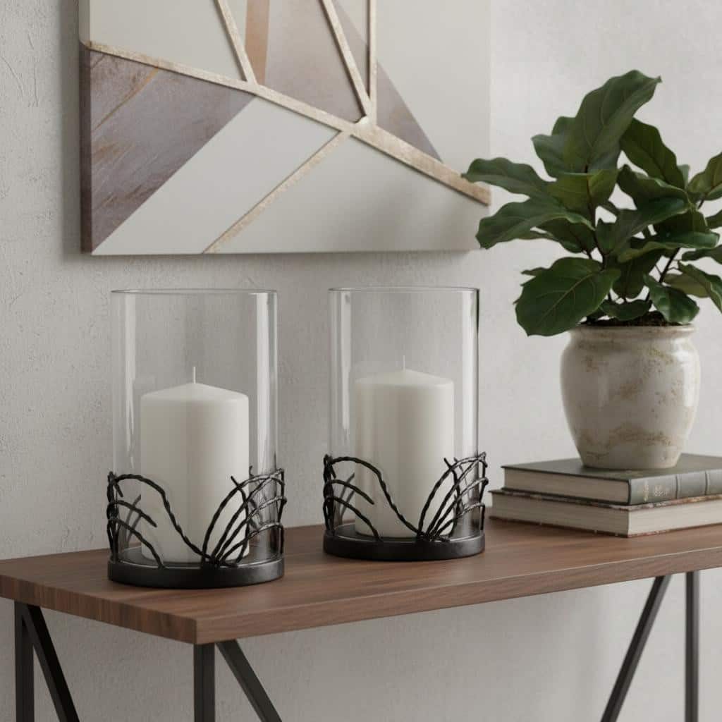 Set of Two Black Botanical Leaf Glass And Metal Tabletop Hurricane Candle Holders