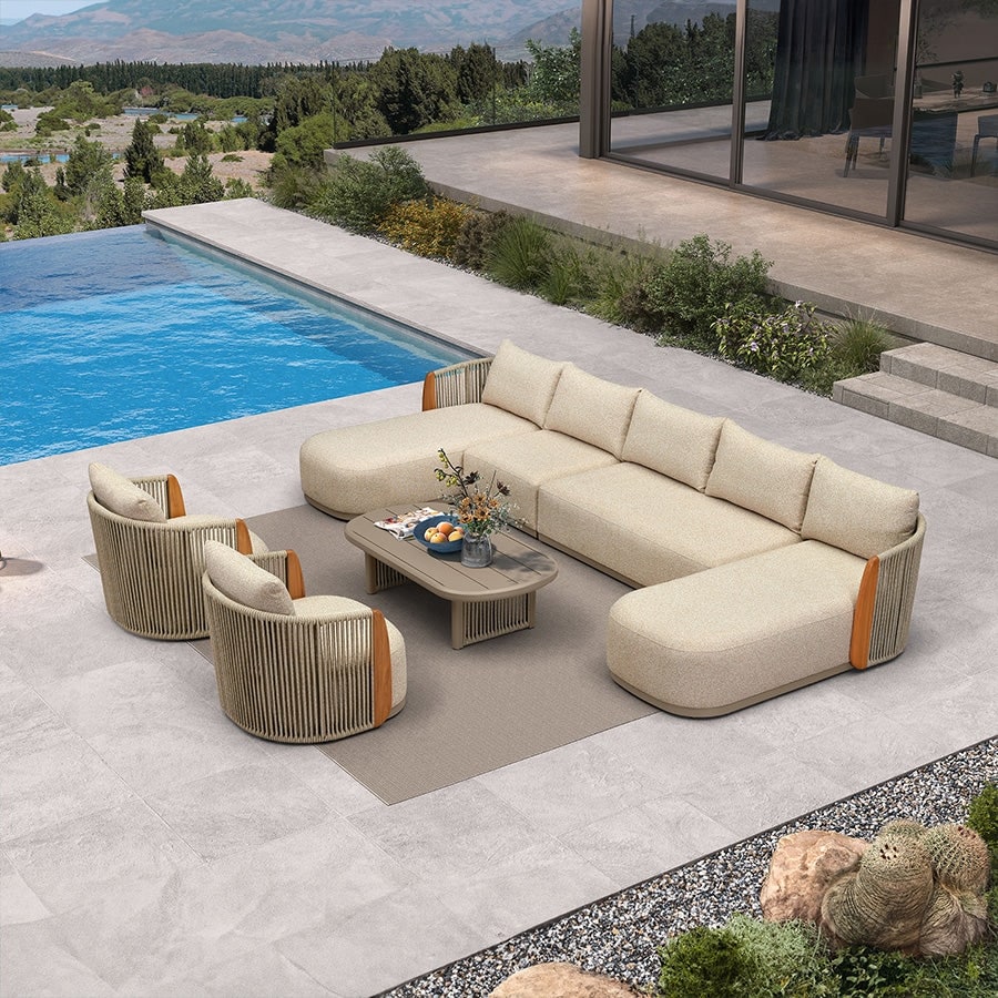 PURPLE LEAF Modern Genuine Teak Sectional Sofa with 9" Thick Backrest&Aluminum Rope Coffee Table Patio Conversation Sets