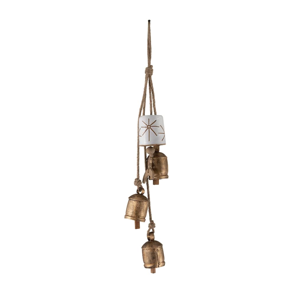 28" Metal Wind Chimes Contemporary Rustic White and Gold Outdoor Wind Chime Bells Iron and Ceramic Peaceful Home or