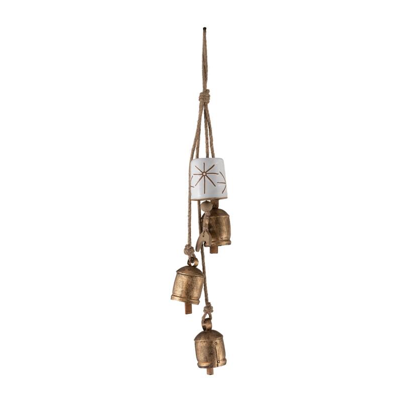 28" Metal Wind Chimes Contemporary Rustic White and Gold Outdoor Wind Chime Bells Iron and Ceramic Peaceful Home or - 3" x 3" x 28" - White/gold