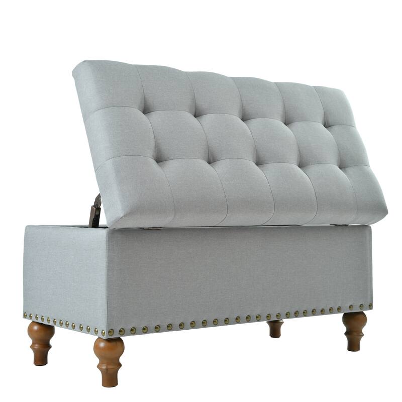 Ottoman storage bench, recessed support hinge top easy to open, rivet trim around, bedroom, entrance, living room, linen
