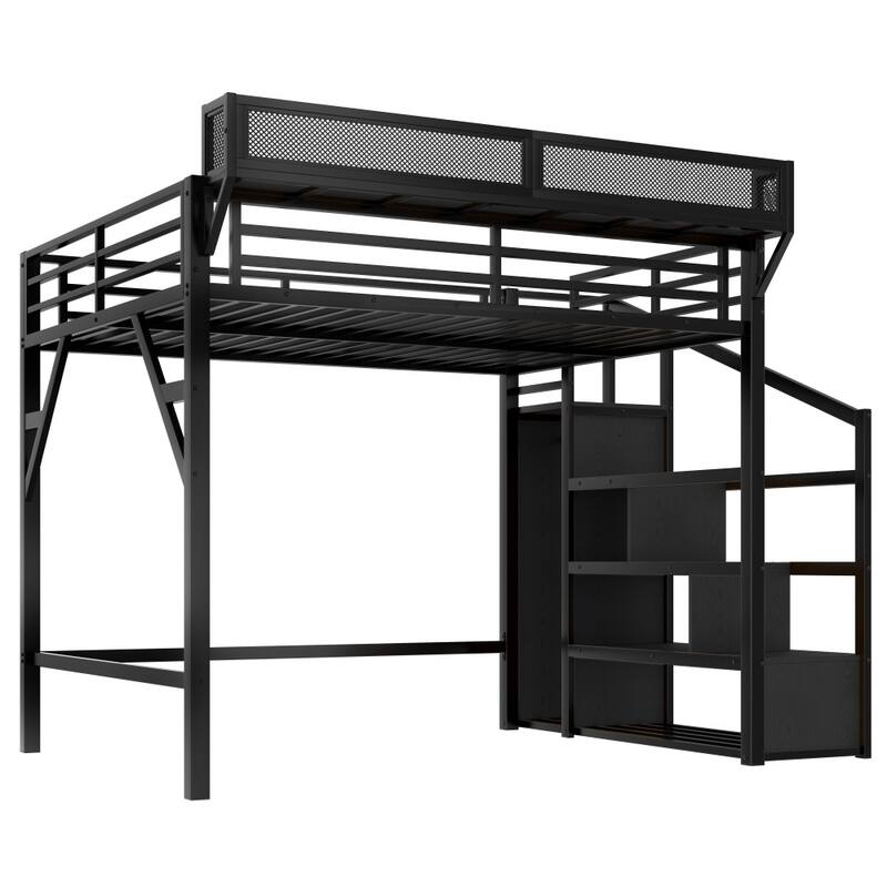 Queen Loft Bed with Storage Stairs, Shelves and Built-in Wardrobe