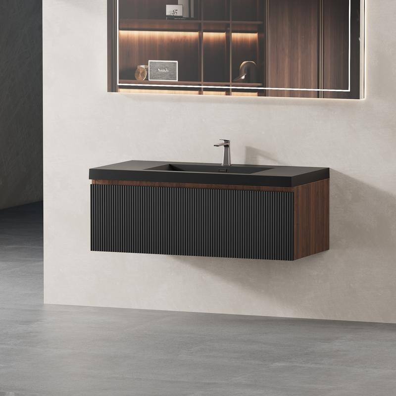 ABRUZZO Floating Vanity with Integrated Top Sink Soft-Close Wall-Mount Bathroom Cabinet - 42" - Smoked Walnut