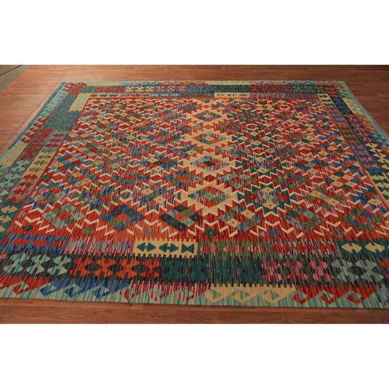 Kilim Oriental Area Rug Hand-Woven Geometric Wool Carpet - 8'3"x 9'8"