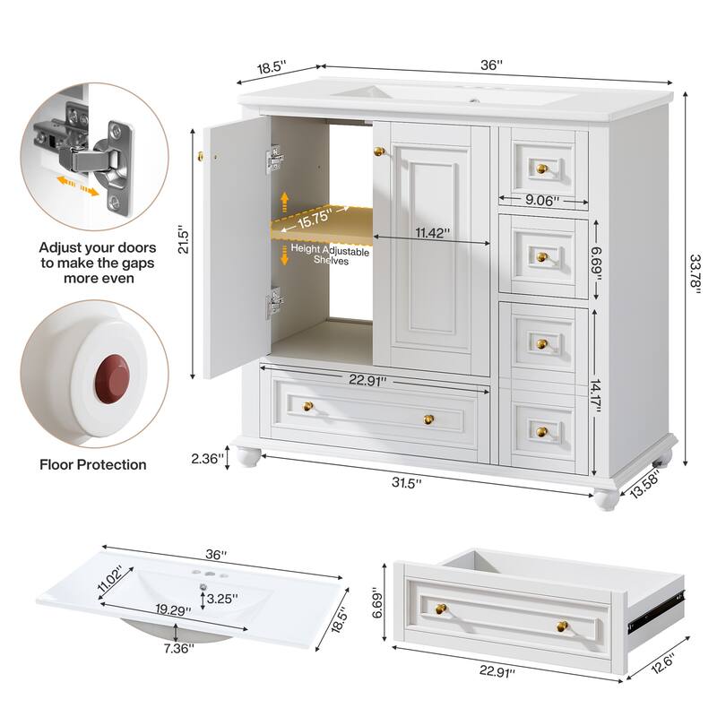 Solid Wood Modern Bathroom Vanity with Ceramic Sink, Adjustable Shelf Storage