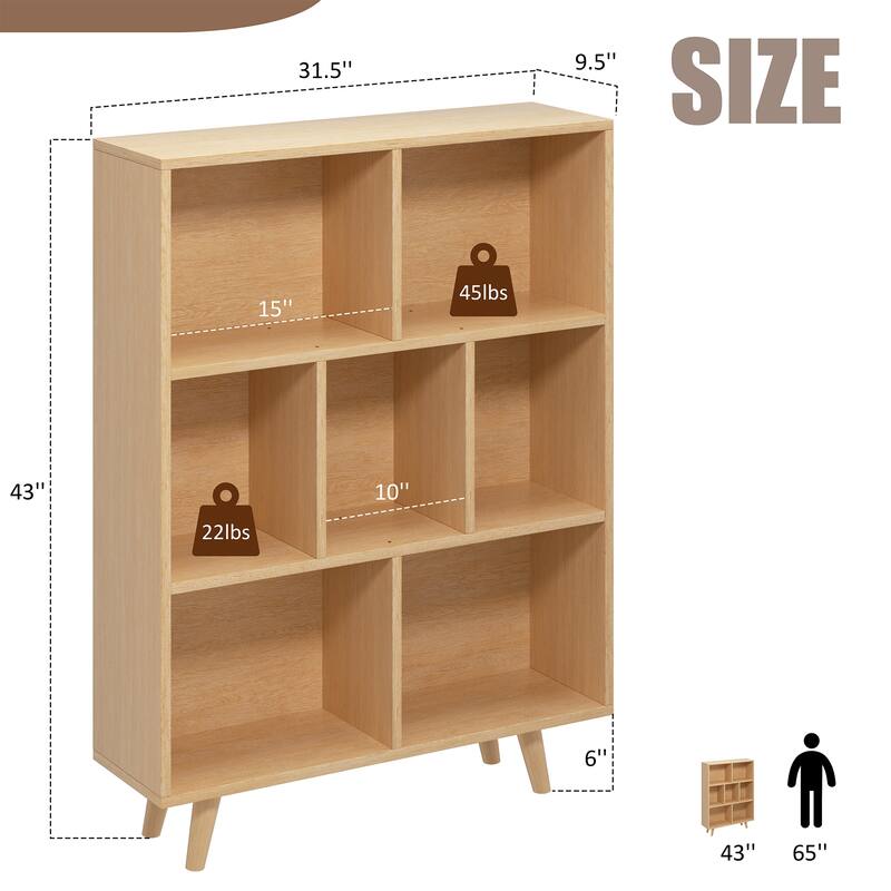 7 Cube Bookshelf, 3 Tier Storage Bookcase with Legs