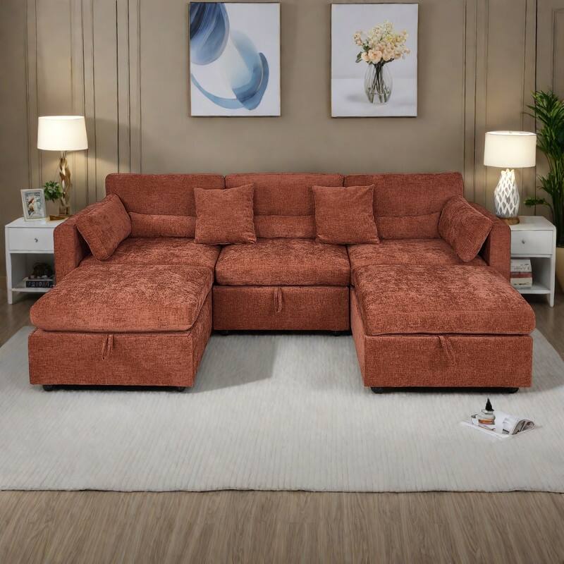 Chenille Modular Sectional Sofa with Dual Ottomans, Right-Arm Chaise and Middle Seat (500lb Capacity) - Brown
