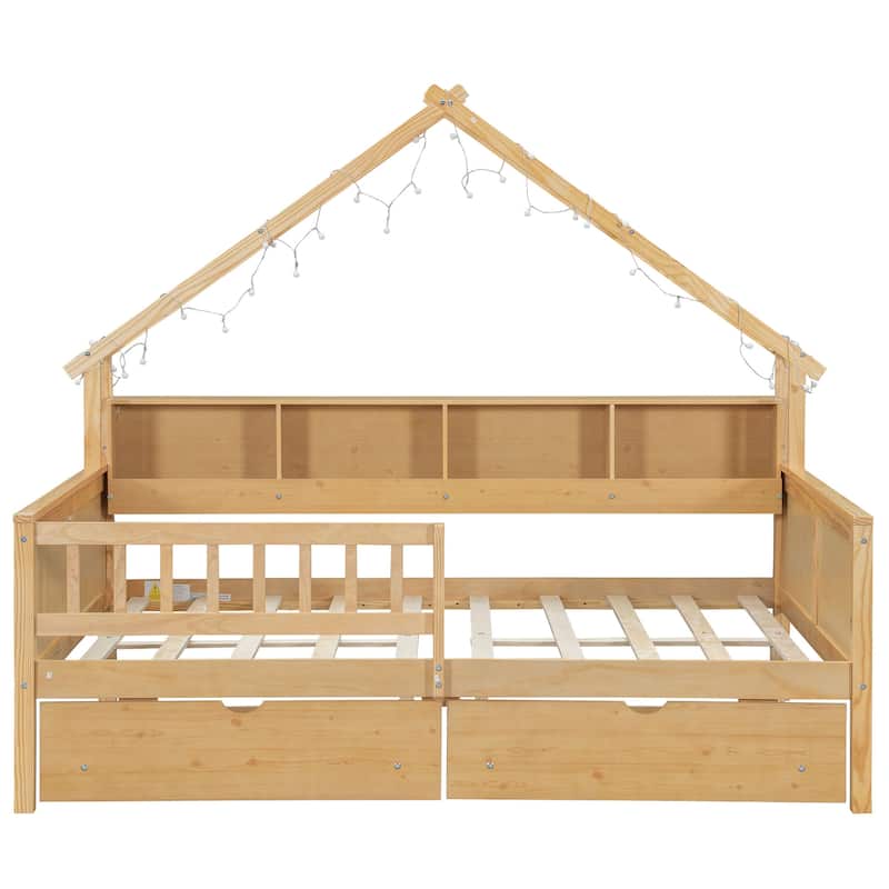 Full Size House Bed with Two Drawers, Kids Wood Bed Platform Beds with LED, Storage Shelves and Guardrail for Girls, Boys