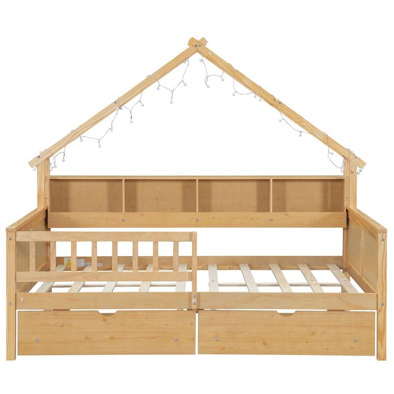 Full Size House Frame Platform Bed with LED Canopy, Storage Drawers & Bookshelf