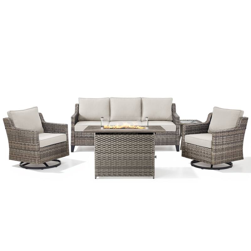 Pocassy 5 Pieces Outdoor Sofa Siwvel Chair w/ Fire Pit Table