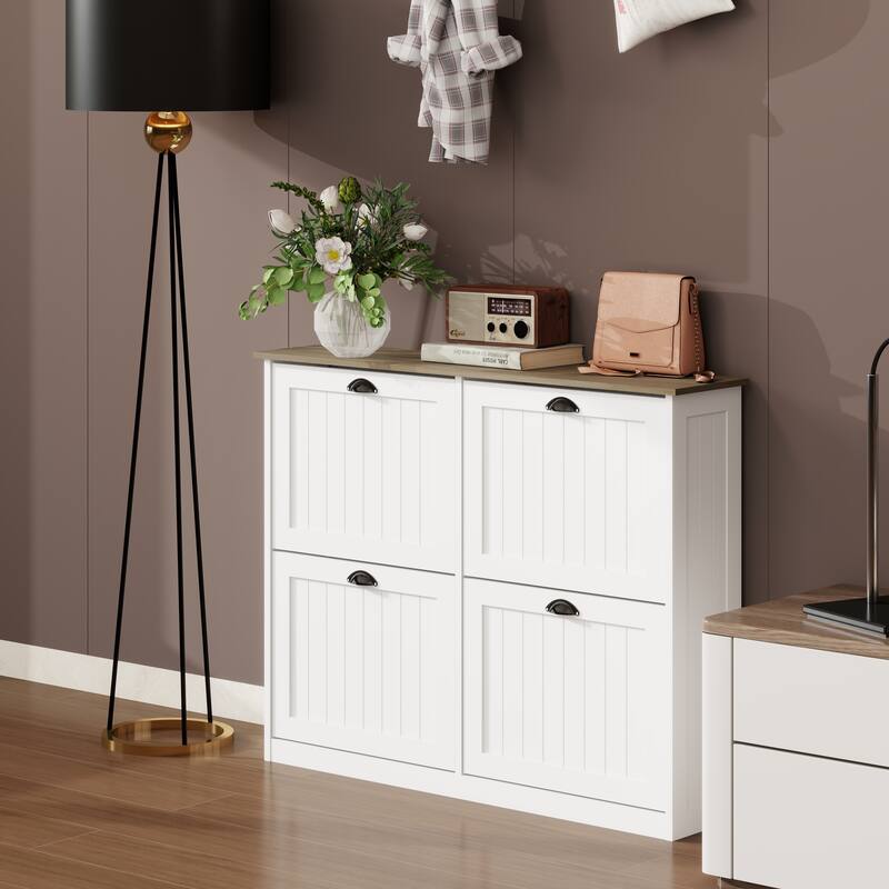 Shoe Storage Cabinet with 4 Flip Drawers, Freestanding Shoe Cabinet Organizer with Adjustable Shelf, Shoe Cabinet for En