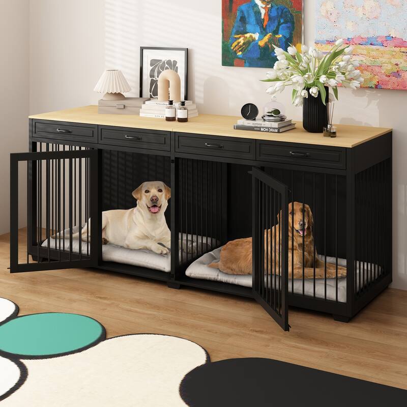 Wooden Double Dog Crates Indoor Furniture with Divider and 4 Drawers