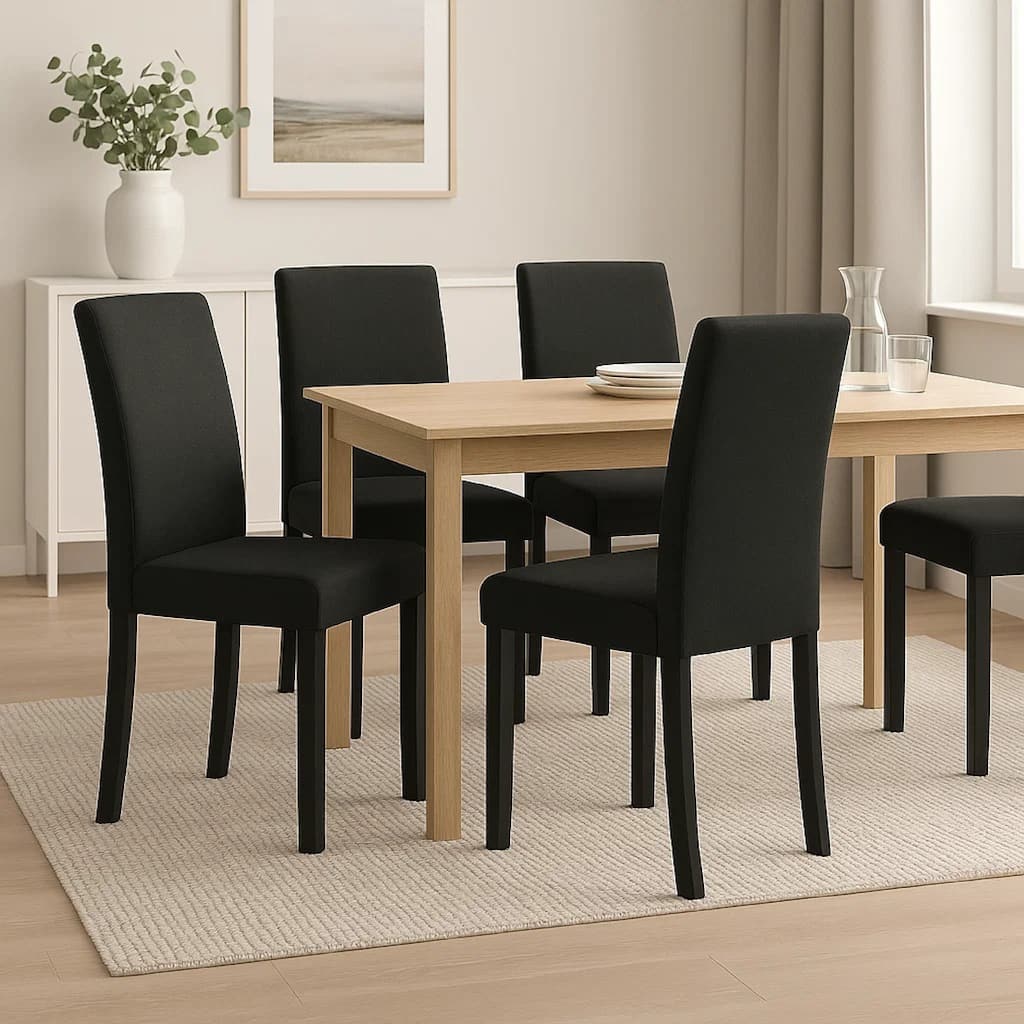 Dining Chair Set of 4, Black Wood Frame, Fabric Seat and Backrest