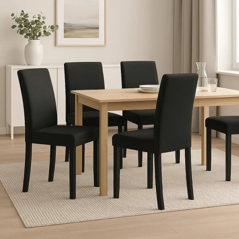 Dining Chair Set of 4, Black Wood Frame, Fabric Seat and Backrest - Black