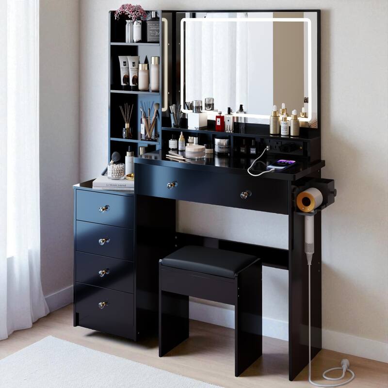 41" Vanity Table Set with Touch LED Mirror (3-Color), 2 AC + 2 USB Power Station, Hair Dryer Stand, Stool
