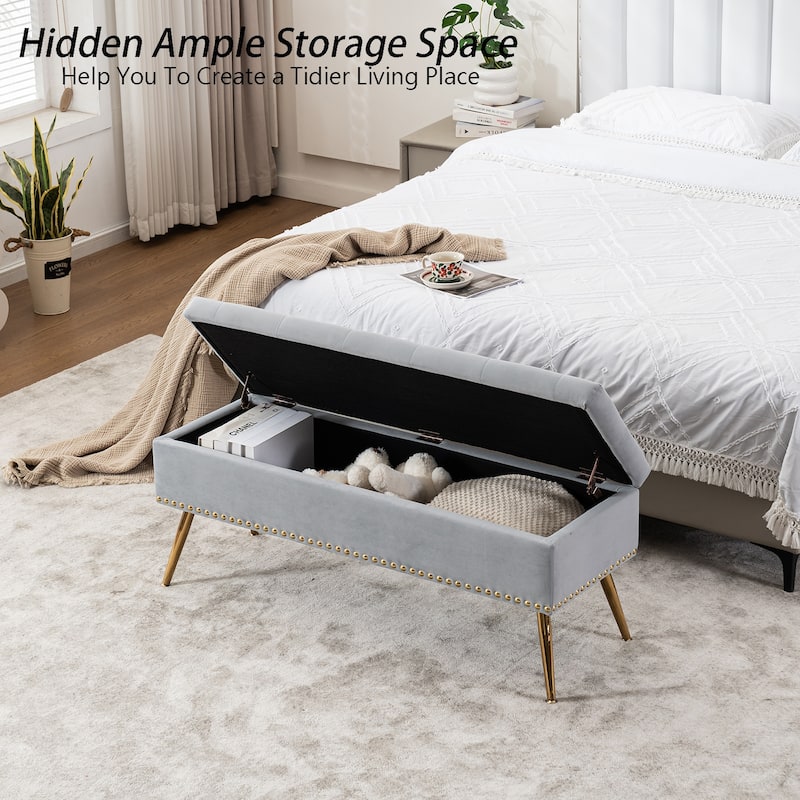 Velvet Storage Ottoman Bench with gold legs and Nailhead Trim for Bedroom/End of Bed/Entryway/Window