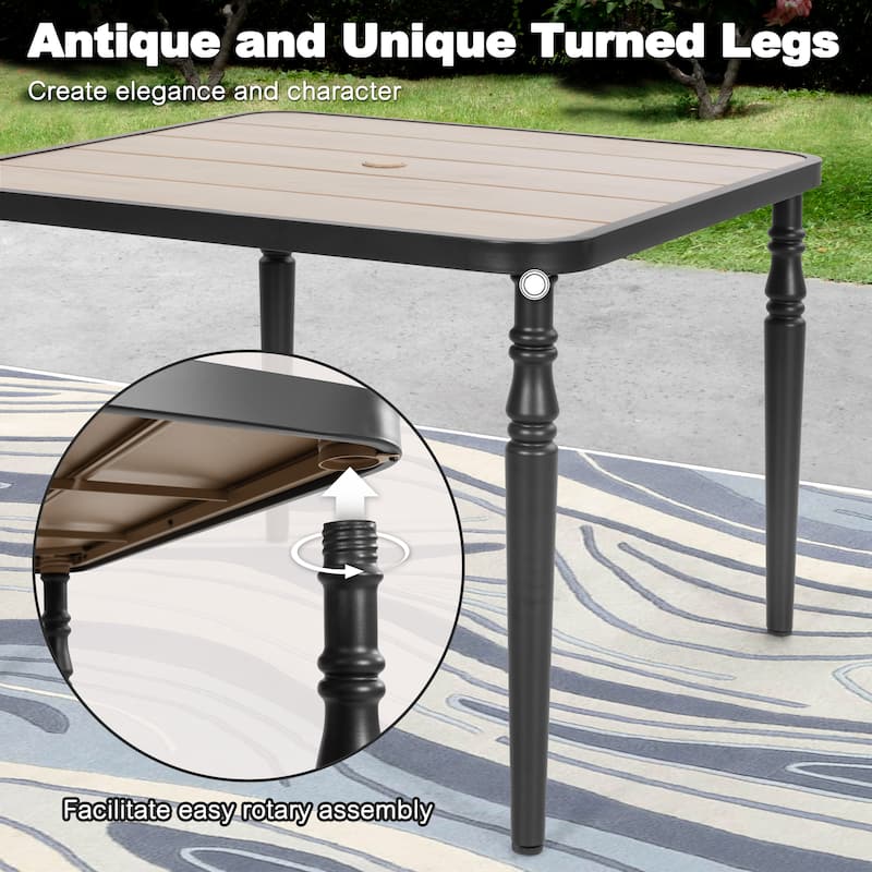 Patio Textilene Dining Set of 5 with Umbrella Hole, Wood-Grain Tabletop