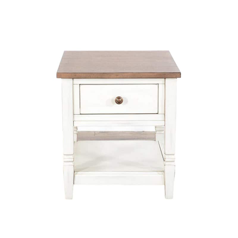 Dean Side End Table w Shelf, Drawer, 26 Inch Rectangular Brown, White