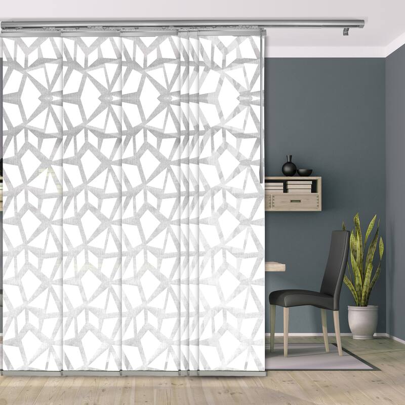 InStyleDesign - Geometric White 6-Panel Single Rail Panel Track Extendable 70"-130"W, Panel width 23.5" - 130"W x 116"H - Satin Nickel Track