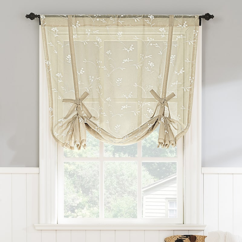 No. 918 Bridget Embroidered Leaf Rod Pocket Window Tie-up Shade - 42" x 63" - Linen