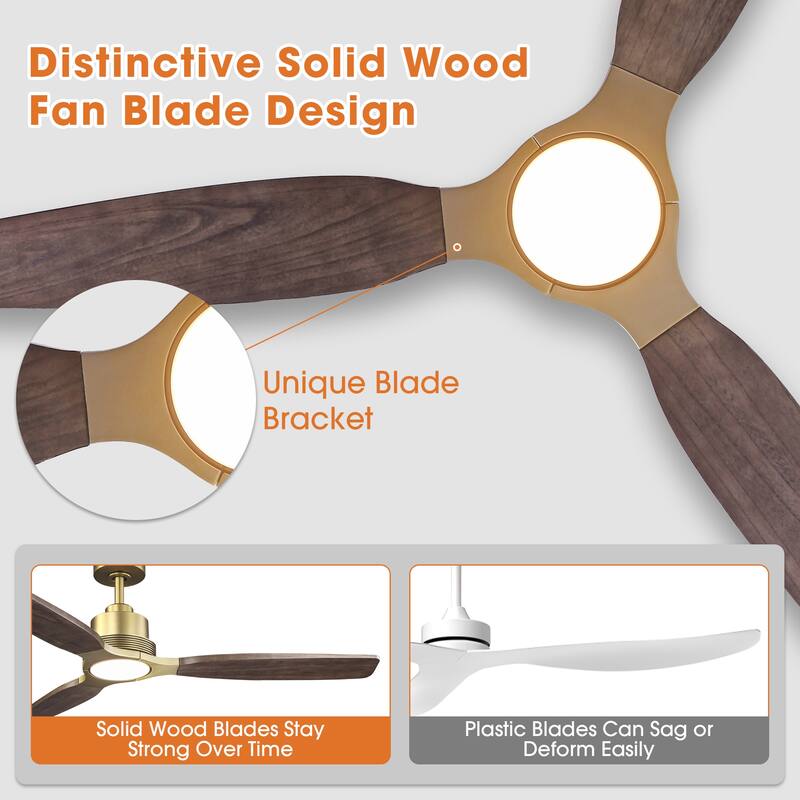 Parrot Uncle 56" Farmhouse Solid Wood Diammable LED Gold Ceiling Fan with Remote and Light