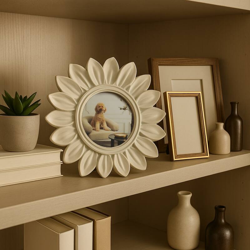 Ivory 4x4 in. Polyresin Novelty Boho Sunflower Photo Frame