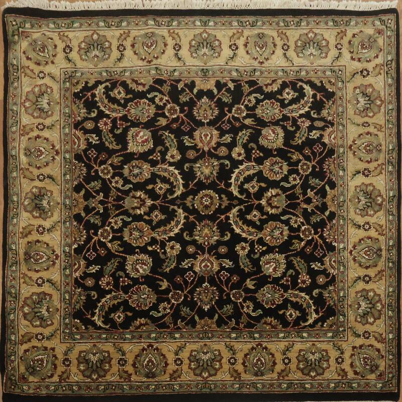 Hand Knotted Oriental 100% Wool Carpet Traditional All-Over Black Agra Area Rug - 5' 11'' X 5' 11''