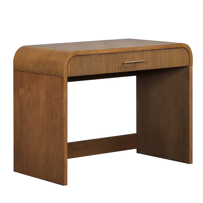 39" Makeup Vanity Table with LED Touch Screen Lighted Mirror, Curved Dressing Table Office Desk with Drawer