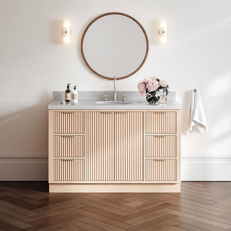 Ariel P54CQOVO Milan 54" Free Standing Single Oval Basin Vanity Set - Oak / Carrara White Quartz / Brushed Nickel