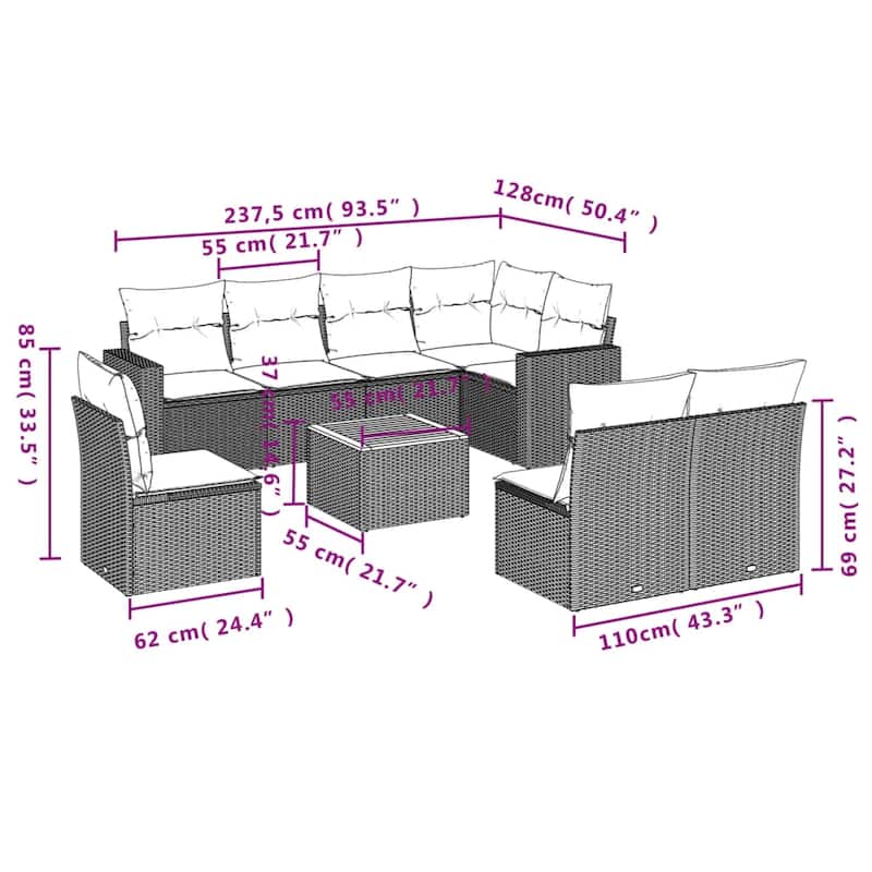 vidaXL Patio Sofa Set with Cushions Outdoor Furniture 9 Piece Poly Rattan - 25.8 x 24.4 x 27.2