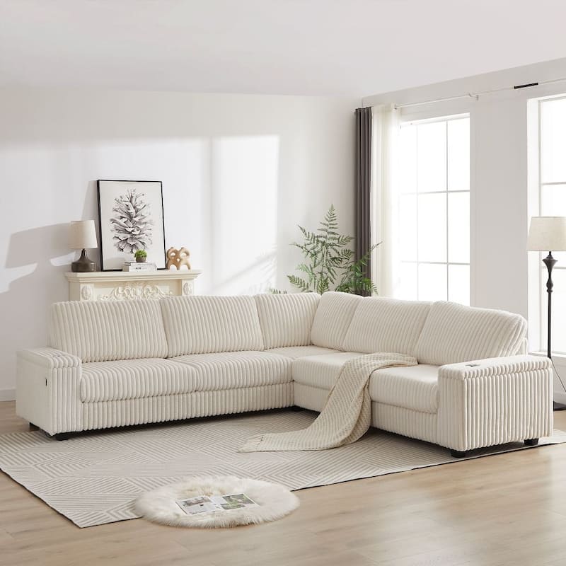 110-Inch L-Shape Oversized Corduroy Corner Sofa with Two Storage Spaces,USB Port, Type-C Port and Cup-Holder - Beige