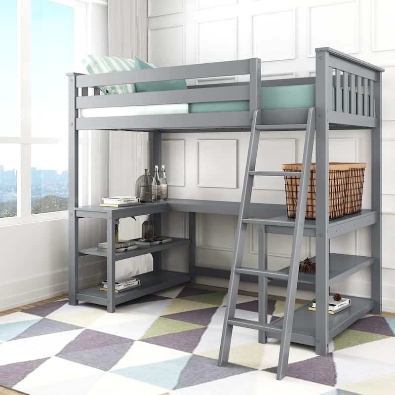 Max and Lily Twin Size High Loft Bed with Wraparound Desk and Shelves - Grey