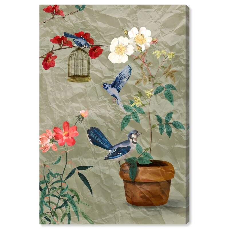 Wynwood Studio Canvas Floral and Botanical Blue Birds Trio Gray and Traditional Wall Art Canvas Print