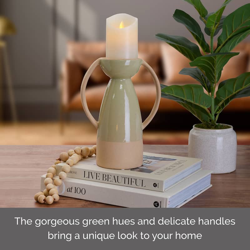 Elements Ceramic Green Pillar Holder, 10 Inch