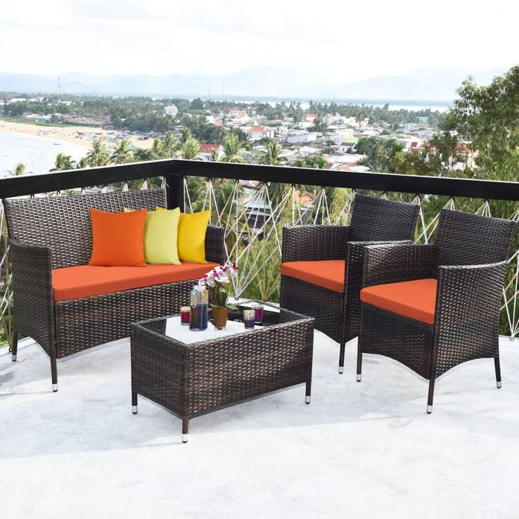Rattan Patio Conversation Furniture Set with Glass Table and Comfortable Sofa - 4 Pcs