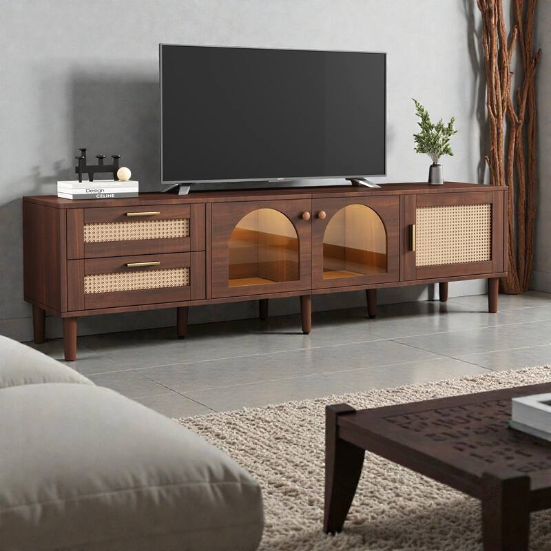 Rattan TV Stand with 3 Cabinets & 2 Drawers, LED Media Console for TVs up to 80'', Modern Storage Entertainment Center