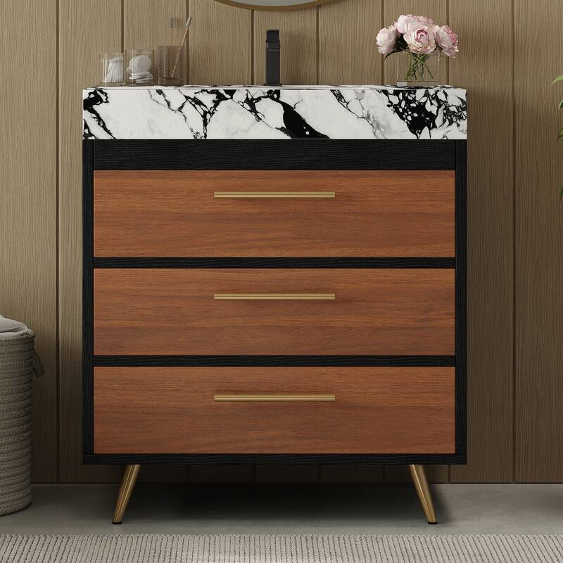 GDFStudio - Athens Modern 29.9" Freestanding Bathroom Vanity with Sintered Stone Top, Ceramic Vessel Sink & Stainless Steel Legs - Black+Walnut Cabinet - White,Black Top