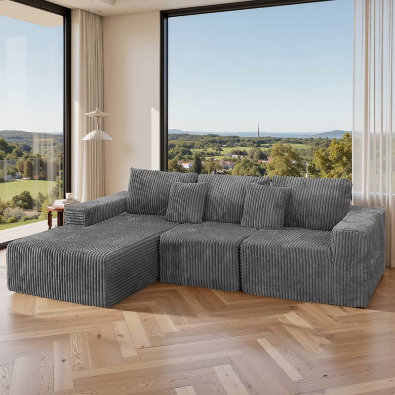 Modular Sectional Sofa with L-Shape Chaise, Full-Compressed Boneless Cloud Sofa, Corduroy Upholstered 3 Seater Sofa