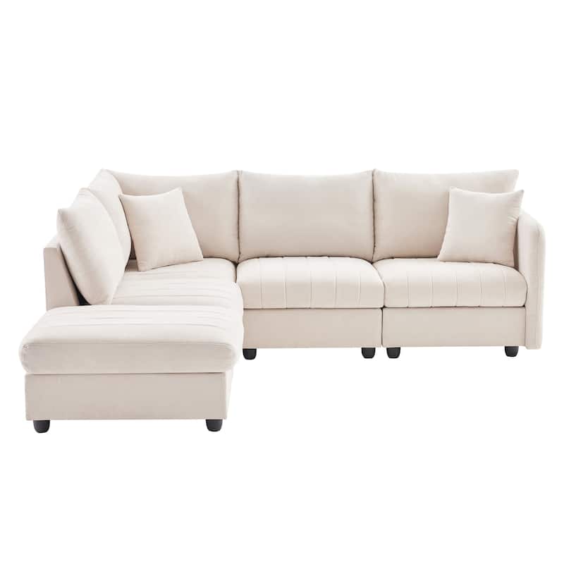 89*79" Modern 5-Seat L-Shaped Sectional Sofa with Ottoman, Pillows, Stripes, Beige Polyester for Living Room