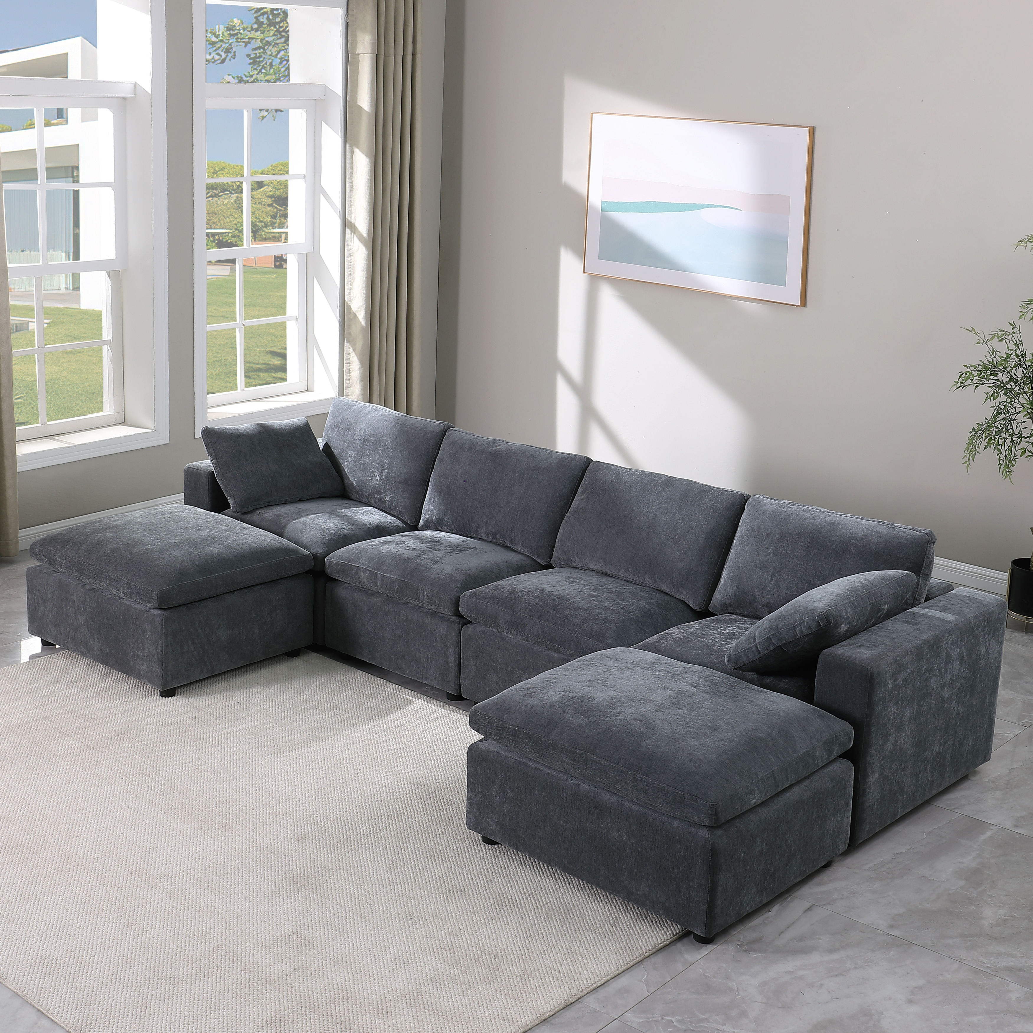 るゆ 6 Seat U-Shape Sectional Sofa Couch with Reversible Chaise for
