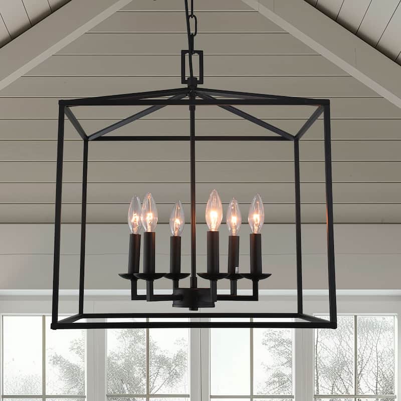6-Light Modern Black Candle Style Lantern Chandelier Coastal Farmhouse Iron Cage Hanging Light - N/A