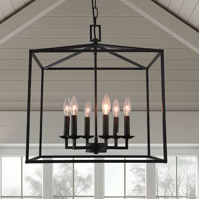 6-Light Modern Black Candle Style Lantern Chandelier Coastal Farmhouse Iron Cage Hanging Light - N/A