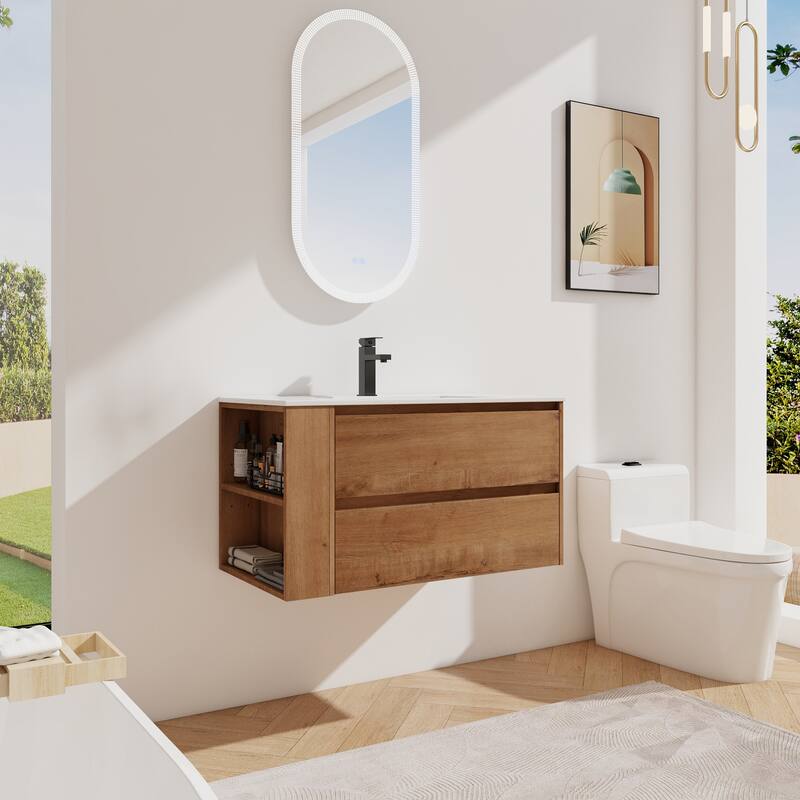 35.9-Inch Modern Bathroom Vanity with Ceramic Sink, Adjustable Side Shelf, Soft-Close Drawers, and 45° Beveled Invisible Handle