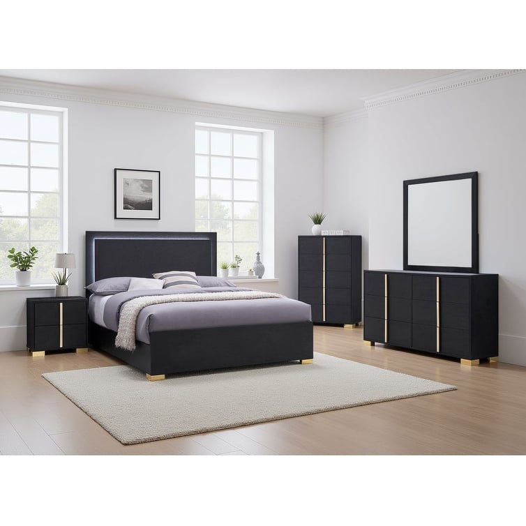 Dex 5pc Queen Bedroom Set with Modern LED Headboard, Mirror, Black