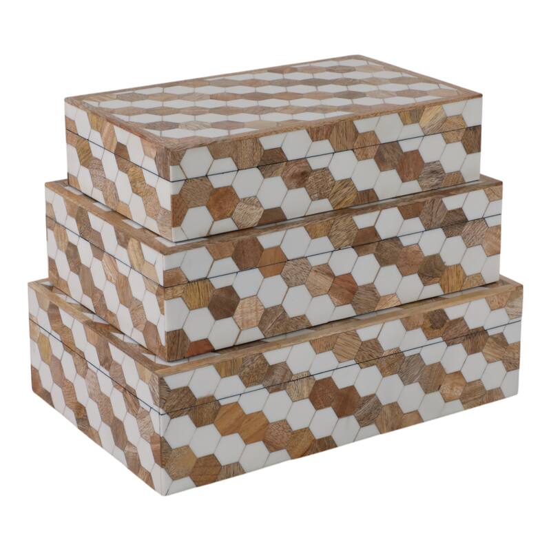Wood Storage Boxes Geometric Inlay Modern Accent Decor (Set of 3) - 12" x 8" x 3.75"