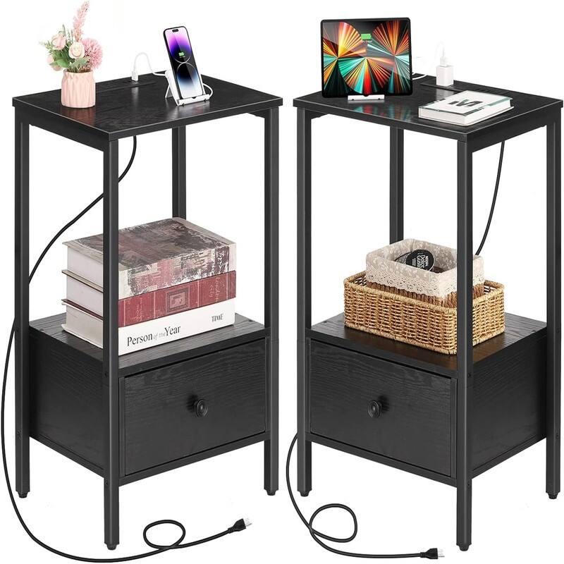 Side Table with Charging Station - 11.8"D x 15.7"W x 23.6"H - Black