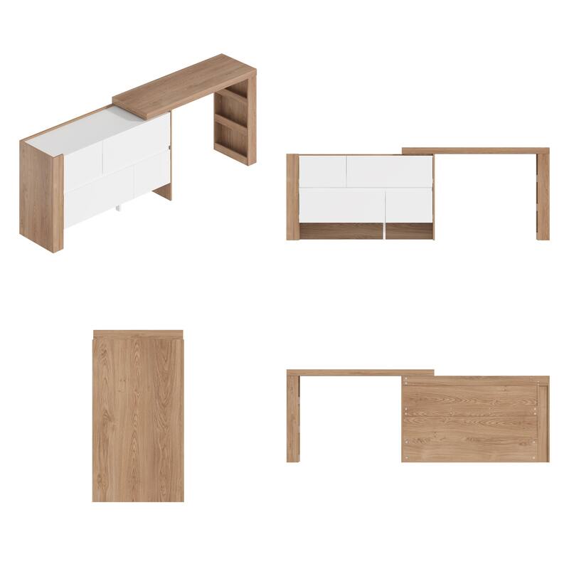 Versatile L-Shaped Desk and Vanity - White & Light Walnut Bedroom Desk