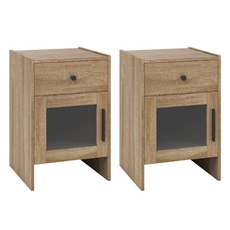 Costway 1/2 PCS Farmhouse Nightstand Fluted Bed Side Table with Large - Natural